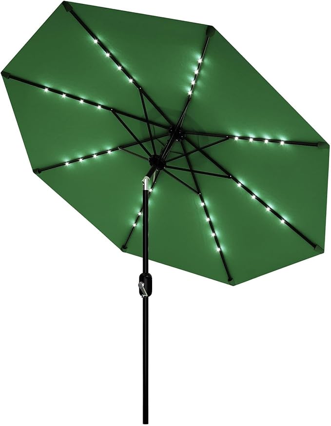 Garvee 9/10 FT Solar Patio Umbrella with 32 LED Lights - Outdoor Table Umbrella with Crank Lift, Push Button Tilt and 8 Sturdy Ribs - Market Umbrella UV Protection for Pool, Deck, Yard, Garden