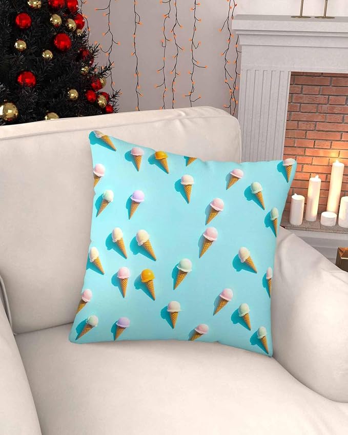 Outdoor Pillow Covers 24 x 24 Inches, Blue Ice Cream Waterproof Throw Pillow Cover Set of 2, Summer Colorful Ice Cream Home Decorative Square Cushion Covers for Patio/Tent/Couch/Garden