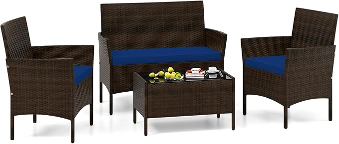 4 Piece Patio Furniture Set, Sectional Conversation Sofa Set with Glass Coffee Table, Cushions & Loveseat, Wicker Outdoor Table and Chairs for Pool, Garden, Deck, Backyard (1, Navy)