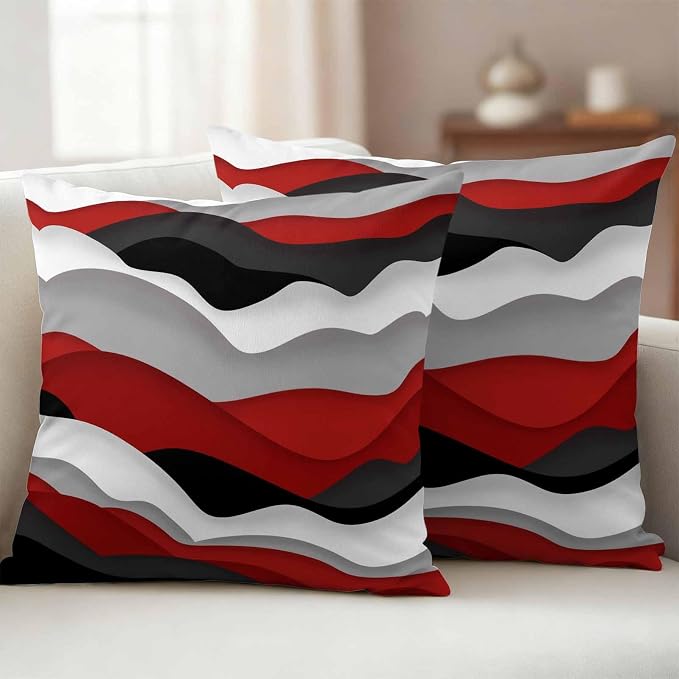 Ocean Waves Outdoor Waterproof Throw Pillow Covers Set of 2, 26"x26", Black Red Wave Gradient Decorative Pillow Covers Outside Cushion Case for Patio Porch Garden
