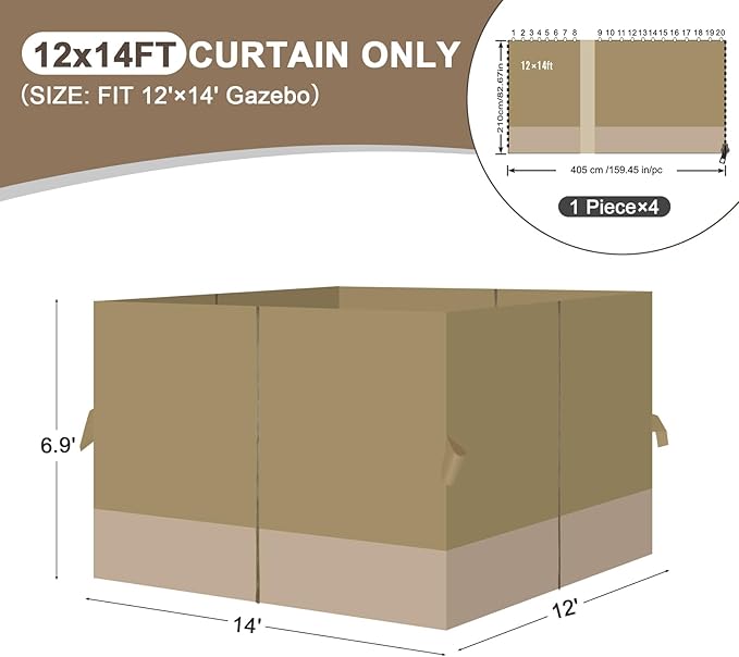Aoodor 12x14 ft Outdoor Gazebo Curtains, 4 Panels Waterproof Privacy Sidewall Replacement with Zipper for Patio Pergola and Canopy, Khaki and Sand Yellow