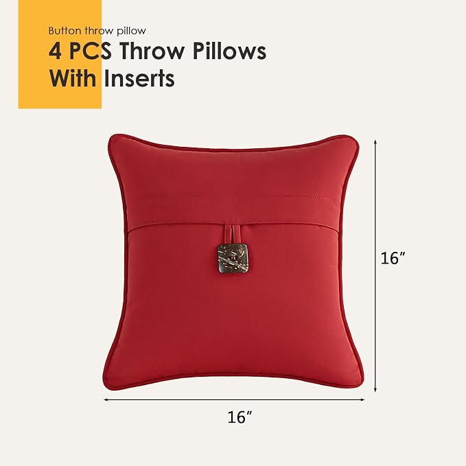 Outdoor Sunbrella Decorative Pillows with Coconut Button Pack of 4, 16" x 16" Outdoor Pillow Set for Couch Bed Throw Patio Sofa, Canvas Jockey Red