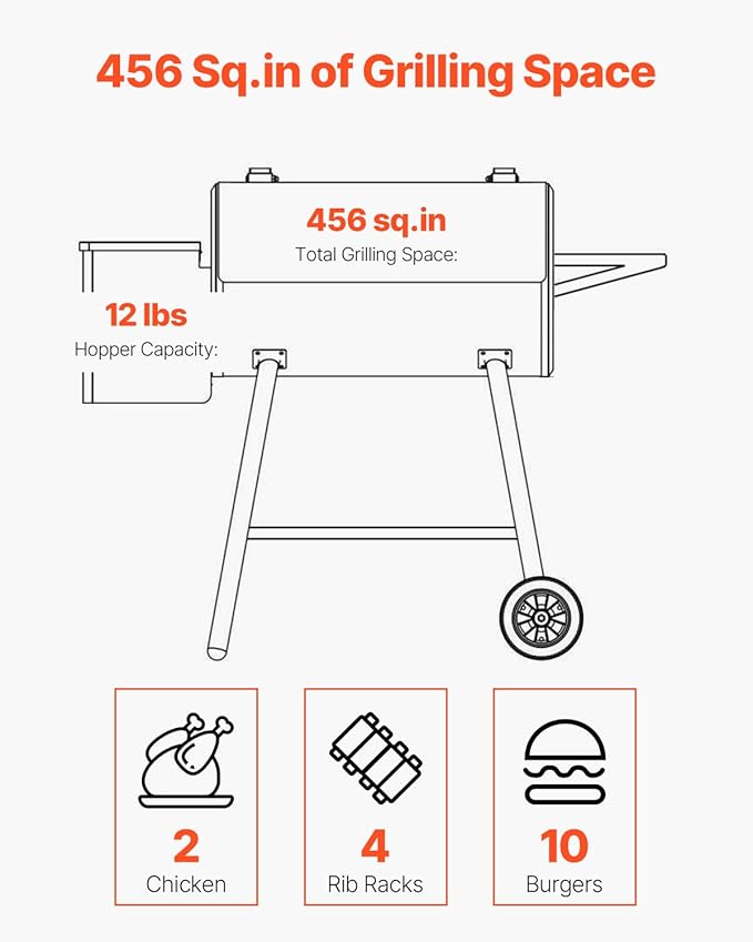 VEVOR Wood Pellet Grill Smoker, 8 in 1 BBQ Grills for Outdoor Cooking, 456 Square Inches Cook Area Electric Grill and Smoker, with Digital Controller, Meat Probe, 500°F Max Temperature, Black