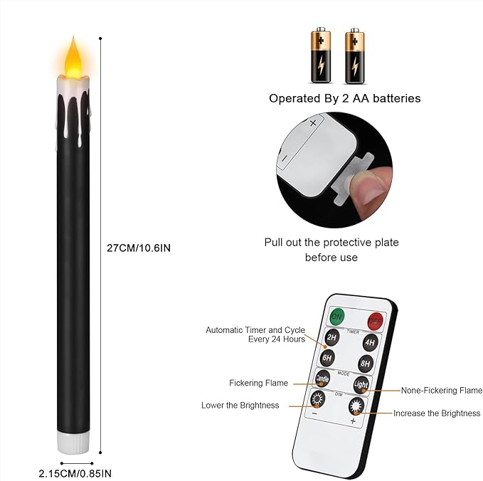 wemarry Flameless Taper Candles 10.6" Dripless Battery Operated Taper Candles Included Remote Timer 400+ Hours by 2AA Batteries for Halloween Christmas Wedding (Black+White, 24 Pack)