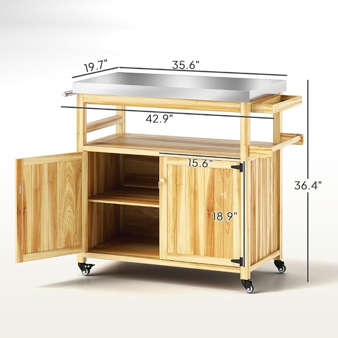 Outdoor Storage Cabinet and Grill Cart with Stainless Steel Top, Rolling Patio Kitchen Island for BBQ Tools and Pizza Oven, Solid Fir Wood Storage Box with Wheels, 43 x 20 x 36 Inches
