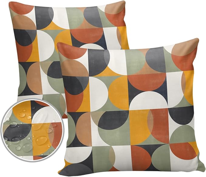 Outdoor Throw Pillow Covers Waterproof Pillow Cases 16x16In,Mid Century Abstract Geometric Color Block Decorative Pillow Covers Cushion Cases for Couch Sofa Patio,2 Pack Nordic Style Circle Modern Art