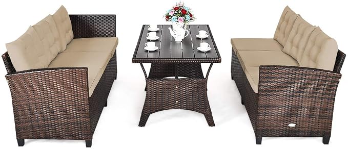 HAPPYGRILL 3-Piece Outdoor Patio Furniture Set Rattan Wicker Sofa Set with Seat & Back Cushions, Manual Weaving Conversation Set with Coffee Table for Patio Garden Backyard