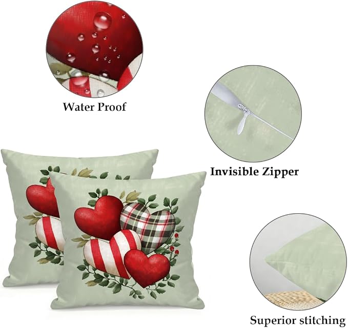 18x18 Inch Outdoor Pillow Covers Set of 2 Waterproof Throw Pillow Covers Decorative Couch Cushion Covers Hearts Striped Plaid Square Pillowcases Protectors for Patio Garden Sofa