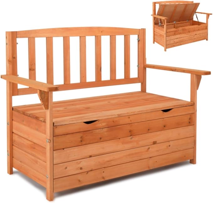 Cedar Wood Deck Box Bench, Storage Box with Backrest Armrest, All-Weather Yard Container Furniture for Tools, Toys, Outdoor Storage Bench Deck Box w/Seat for Backyard, Porch, Patio, Garden