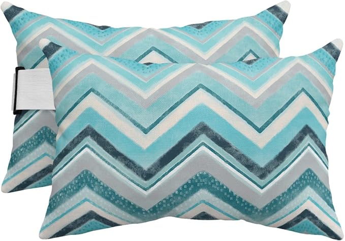 Outdoor Pillows Covers with Inserts Northern Europe Blue Geometric Wave Stripes Waterproof Recliner Pillow with Adjustable Strap Throw Pillows for Patio Furniture Pool Lounge Chair, 11x16 inch, 2PCS