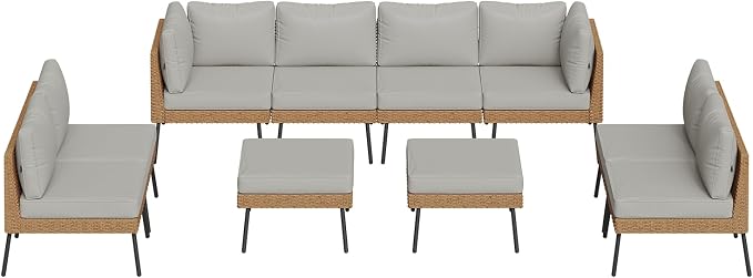 Aoxun 10 Piece Patio Furniture Set, 10 Seats Outdoor Sectional Sofas with Thick Cushion, Wicker Outdoor Patio Furniture Set with Ottomans for Party, Garden, Backyard, Grey