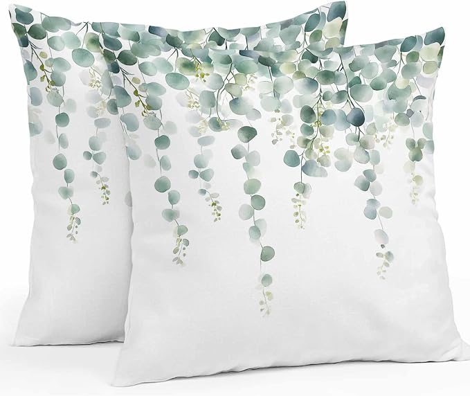 Eucalyptus Leaves Waterproof Outdoor Pillow Covers Set of 2 Home Decor, Pastoral Rustic Botanical Watercolor Pillowcase Patio Pillow Covers for Couch Bench Furniture Garden 18x18in