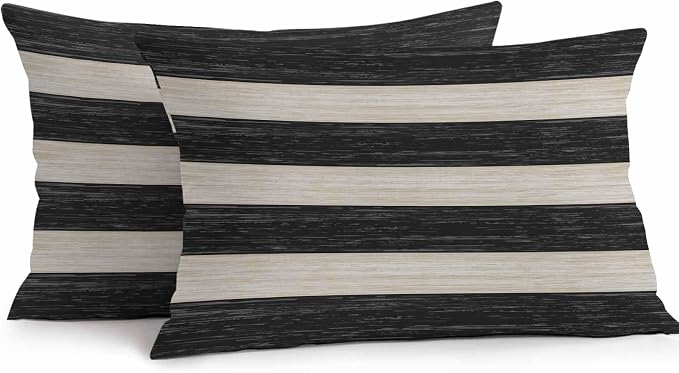 Black Cream Striped Outdoor Pillow Covers 20x12 Inch Lumbar Pillow Covers Set of 2 Waterproof Decorative Throw Pillow Cases Farmhouse Vintage Shabby Chic Wood Grain Cushion Covers for Patio Furniture