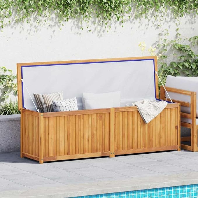 Large Outdoor Patio Storage Box 68.9x19.7x21.7 Inch Solid Teak Wood Garden Chest with Easy Open Lid, Weather Resistant Organizer for Cushions, Tools, Accessories in Yard, Deck, Garage