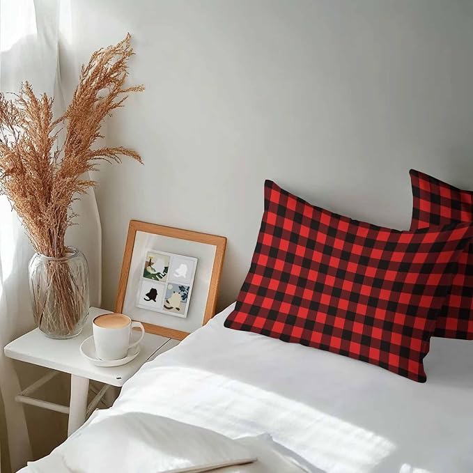Outdoor Waterproof Throw Pillow Covers Set of 2 Red Buffalo Plaid Lumbar Pillowcases 20x12 Inches Pastoral Black Checked Decorative Pillows Cushion Case Patio Pillows for Couch Bed Chair Garden