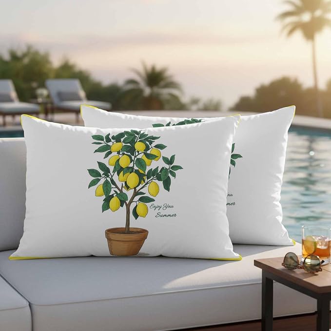 Outdoor Waterproof Throw Pillow Covers, Summer Lemon Decorative Pillow Cases, Yellow Potted Plant Green Botanical Couch Pillow Protector Patio Sofa Cushion Covers Replacement 20"x12" 2 Pack