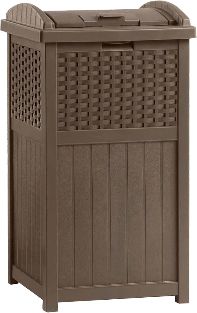 Suncast 3 Pack 33 Gallon Commercial Outdoor Trashcan Hideaway with Lid for 30 to 33 Gallon Trash Bags for Garage, Backyard, or Garden, Brown