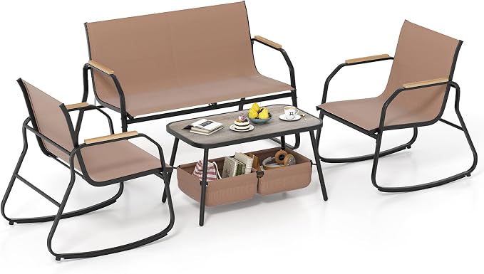 HAPPYGRILL Outdoor Conversation Set with Bistro Rocking Chairs, Loveseat, Storage Coffee Table, Patio Furniture Set with Heavy-Duty Metal Frame, Breathable Mesh Fabric (1)