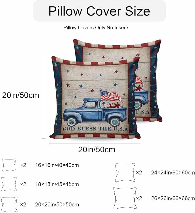 Patriotic Waterproof Pillow Covers for Couch Throw Pillow Cases Set of 2, Independence Day Blue Truck USA Flag Stars Decorative Cushion Pillow Covers 18x18In,Indoor Outdoor Decor Retro Wood Grain