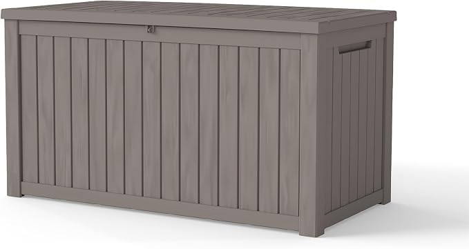 LAUSAINT HOME 200 Gallon Resin Deck Box with Hydraulic Pistons, XXL Waterproof Outdoor Storage Bench for Large Cushions, Lockable Patio Bin for Pool and Garden (Light Brown)
