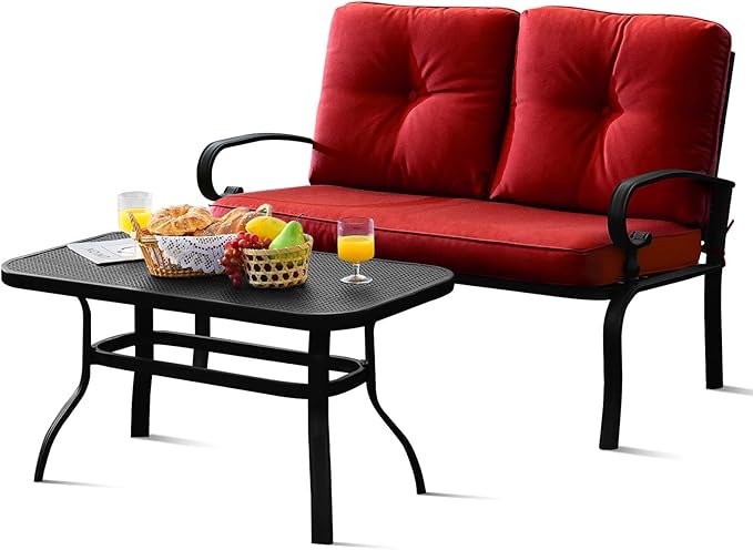 Tangkula Patio Loveseat with Table Set, 2 Seat Cushioned Sofa with Coffee Table, Patio Conversation Sofa Set with Rustproof Frame, 2 Pieces Outdoor Furniture Set for Garden, Poolside, Balcony (Red)
