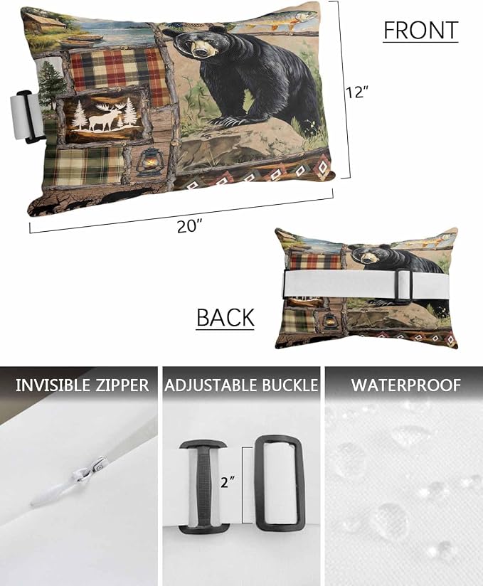 Pack of 2 Outdoor Lumbar Cushions Pillows, Vintage Forest Black Bear Classic Checkered Wood Grain Waterproof Fluffy Fade Body Pillows, Patio Furniture Pillow for Home Balcony Garden Decor 12x20IN
