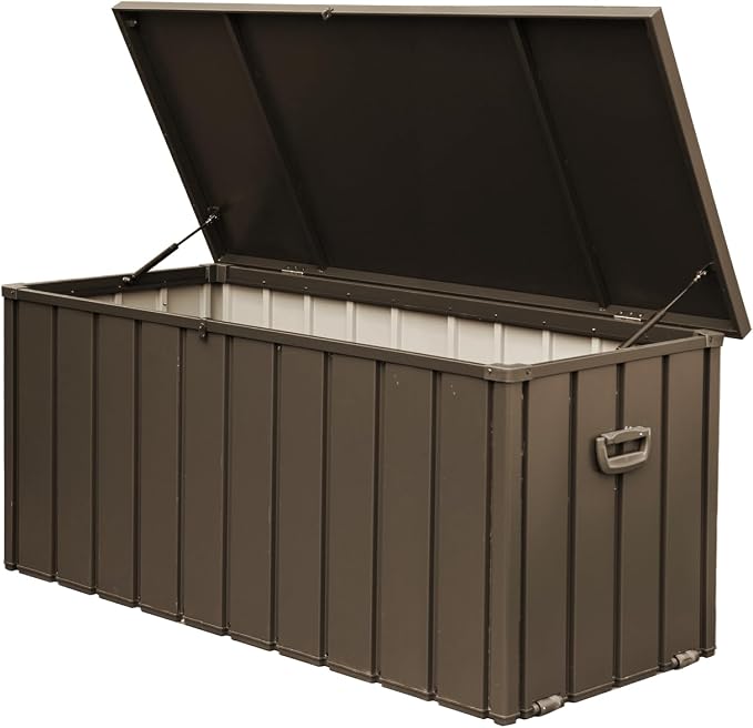 150 Gallon Outdoor Deck Box, Metal Lockable Storage Cabinet with Mobility Rollers & Side Handles, Waterproof Steel Bench for Patio Outside Furniture Cushions,Pillows,Garden Tools (Brown)