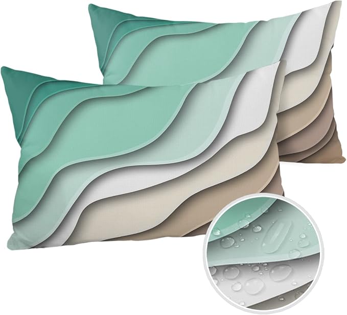 Ombre Abstract Geometry Gradient Green to Brown Outdoor Waterproof Throw Pillow Covers 20 x 12 Inch Set of 2, Pillowcases Decorative Square Cushion Cases for Patio Furniture Couch Porch Garden