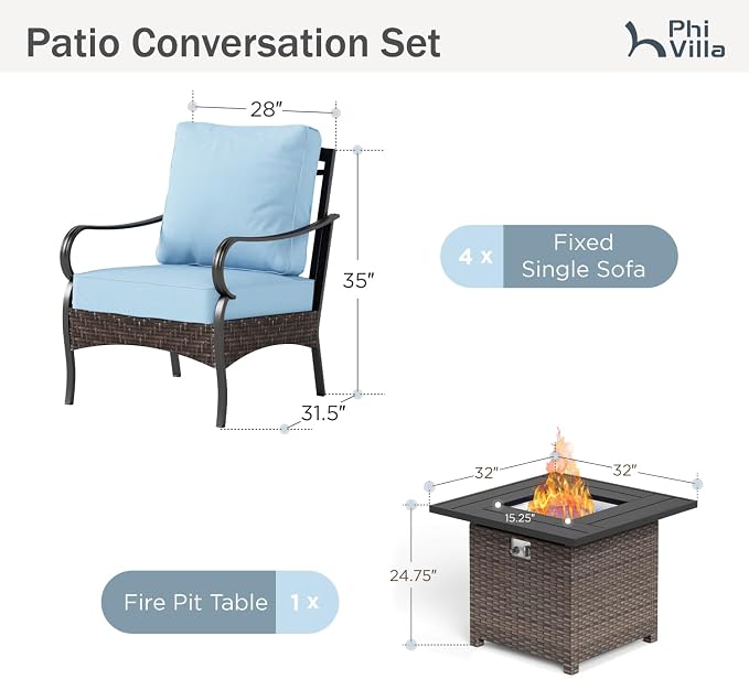 Patio Furniture Set with 32" Fire Pit Table,Patio Conversation Sets 4 Fixed Chairs with Thick Cushion and 50000 BTU Fire Pit Table (5 Pieces,Blue