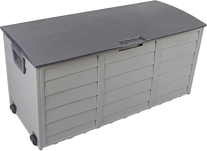 75 Gallon Waterproof Outdoor Deck Box with Wheels, Lockable Resin Patio Storage Container for Cushions, Garden Tools, Pool Accessories and Outdoor Supplies, Grey