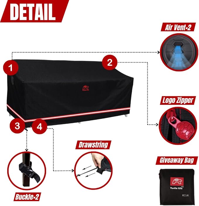 Turtle Life Patio Sofa Cover, Outdoor Heavy Duty Durable UV Water Resistant Anti-Fading Multi-Person Sofa Cover with 2 Upgrade Air Vents and 2 Buckles, Black, 104" W x 40" D x 35" H