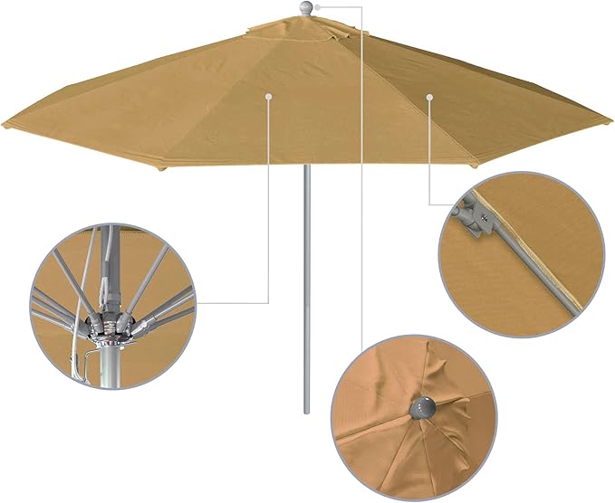 California Umbrella 11Ft Commercial Grade Sunbrella Fabric Market Umbrella, Pulley Lift, Aluminum/Fiberglass, 2mm pole wall, Silver Frame, Heather Beige Fabric