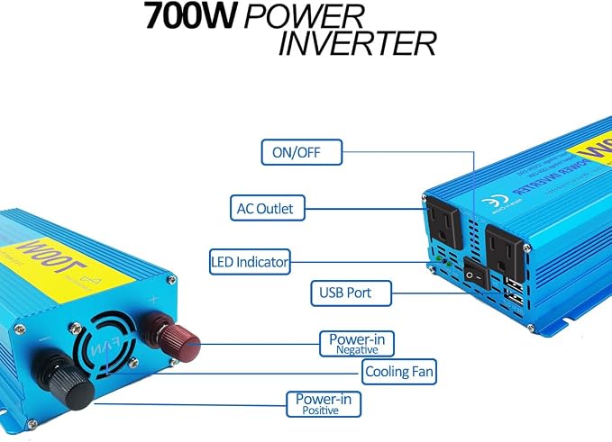 700W Pure Sine Wave Power Inverter DC 12V to 110V AC Converter, with 2 AC Outlets & 2 USB Ports, for Home/RV/Truck/Vehicle, Quieter & Cooler with Advanced Safety Protection