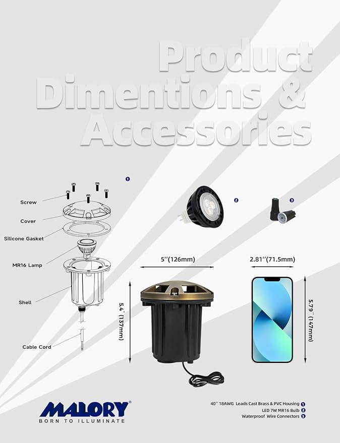 MALORY Brass Top Cover Landscape Well Lights, 12V Low Voltage Outdoor In Ground Lights,Landscape Lighting for Pathway, Driveway, Garden 1 Pack with Bulb (Five-Direction Turret, 10-Pack with Bulb)