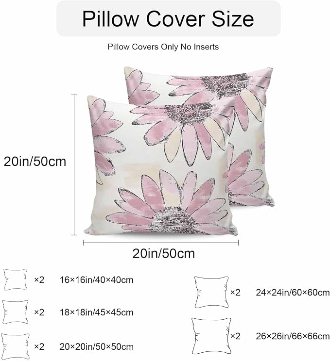 Vandarllin Outdoor Throw Pillows Covers 16x16 inch Set of 2 Waterproof Pink Sunflower Decorative Zippered Cushion Covers for Patio Furniture, Flower Field Lumbar Pillowcases
