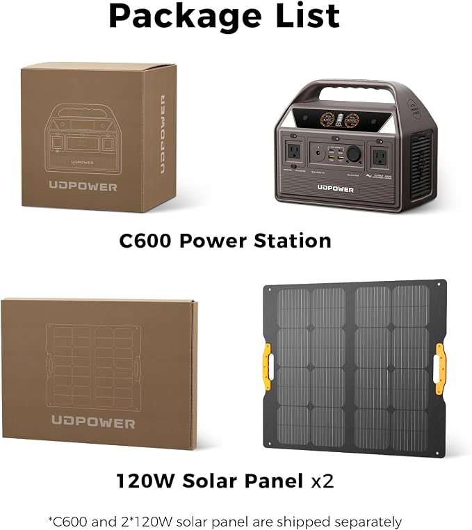 UDPOWER C600 Solar Generator with 120W Panel, 595Wh LiFePO4, 600W (Surge 1200W) AC Outlet, Portable Power Station for Camping RV Emergency Backup Brown
