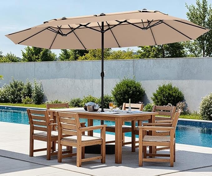 PHI VILLA 15ft Large Patio Umbrellas with Base Included, 2-Tier Outdoor Double-Sided Rectangle Market Umbrella with Stand, Outside Umbrellas for Poolside Lawn Backyard, Beige&Tan