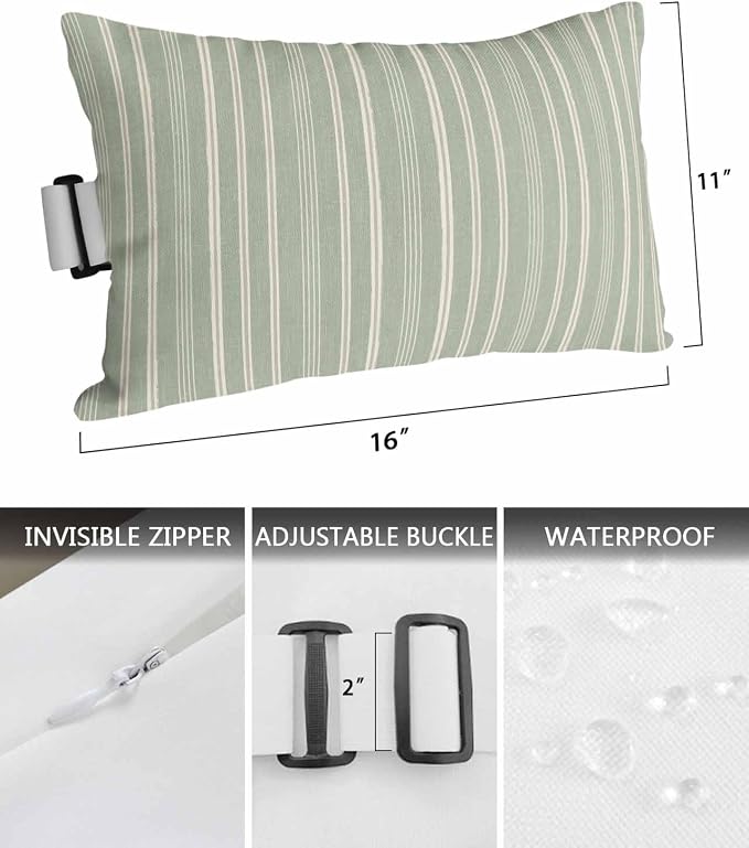 Pack of 4 Outdoor Lumbar Pillow Covers 11x16 Inch, Sage Green Striped Waterproof Throw Pillow Covers Set, Farmhouse Stripes Modern Vintage Indoor&Outdoor Decorative Cushion Cases for Patio Porch Car