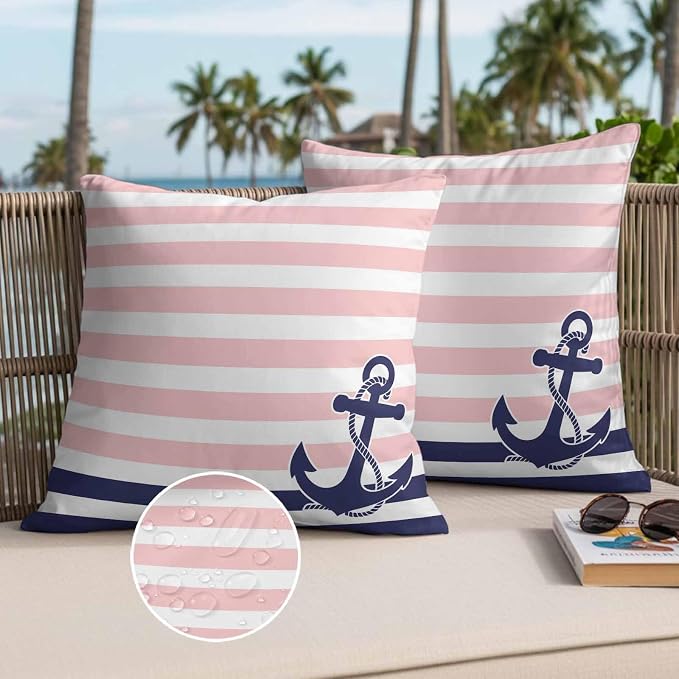 Anchor Pink Waterproof Outdoor Pillow Covers Set of 2 Home Decor Modern Navy Blue White Striped Nautical Pillowcase Patio Pillow Covers for Couch Bench Furniture Garden 18x18in