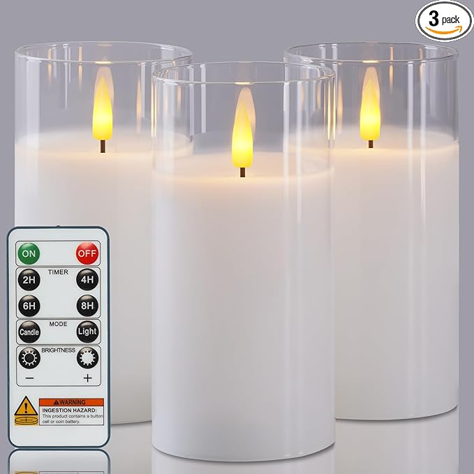 5plots Glass Battery Operated White Flameless Candles with Remote and Timer, 3D Wick Real Wax Pillar Led Candles Warm Flickering Light for Home, Halloween, Christmas Decor, Set of 3, D3 x H6 6" 6"