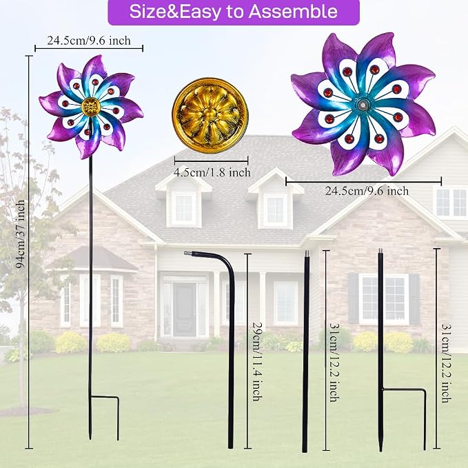 VEWOGARDEN Garden Metal Flower Wind Spinners Outdoor, Kinetic Wind Sculptures & Spinners for Yard Lawn Patio Decorations, Blue & Purple