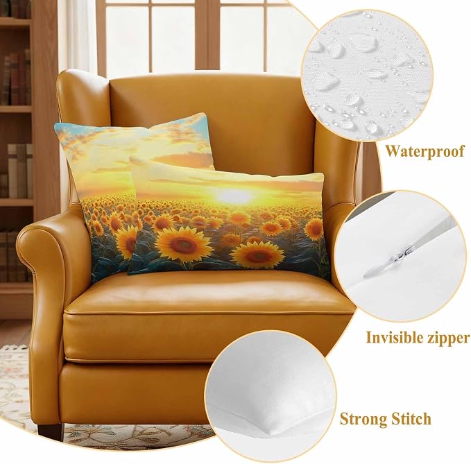 Summer Sunflower Waterproof Outdoor Pillow Covers Set of 2 Home Decor, Watercolor Pastoral Botanical Floral Pillowcase Patio Pillow Covers for Couch Bench Furniture Garden 20x12in