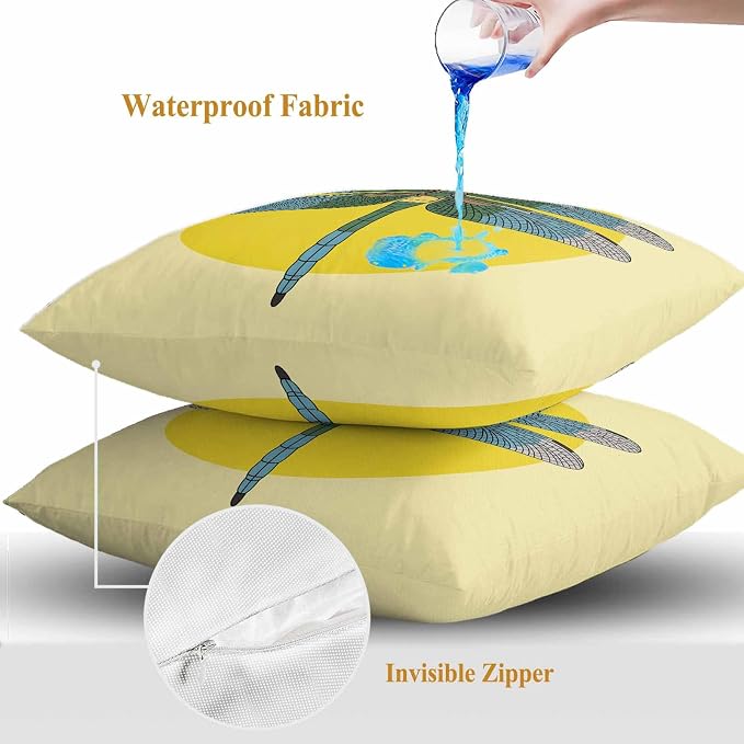 Throw Pillow Covers 26x26 Inch Set of 2, Blue Dragonfly Waterproof Outdoor Pillow Covers, Yellow Vintage Art Decorative Cushion Pillowcases for Couch, Sofa, Bed, Garden, Patio