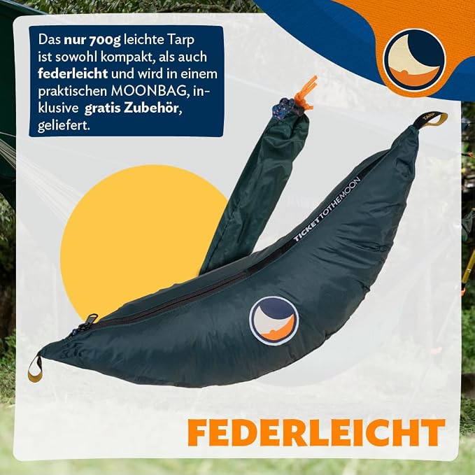 Moon Tarp Hammock Tarpaulin - Dark Green | High-Quality All-Weather Protection 3.5 m Long, Versatile, Handmade, Easy and Quick to Assemble | Original Ticket to the Moon Since 1996