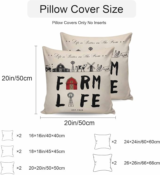 Outdoor Throw Pillows Covers 16x16 inch Set of 2 Waterproof Farm Life Decorative Zippered Cushion Covers for Patio Furniture, Retro Farmhouse Red Barn Windmill Cow Chicken Tractors Lumbar Pillowcases