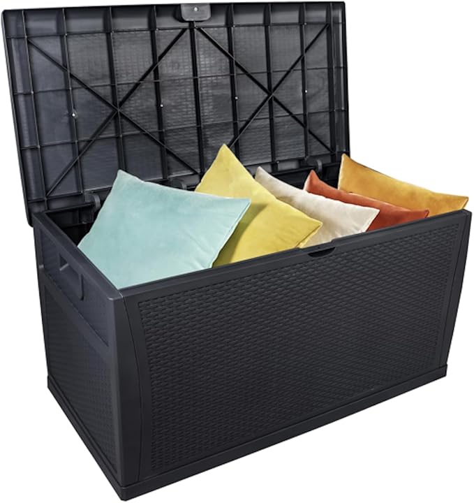 120 Gallon Large Resin Deck Box, Outdoor Organization Storage Container, Garden Storage Chest Lockable Seat for Patio Furniture, Tools (Black)