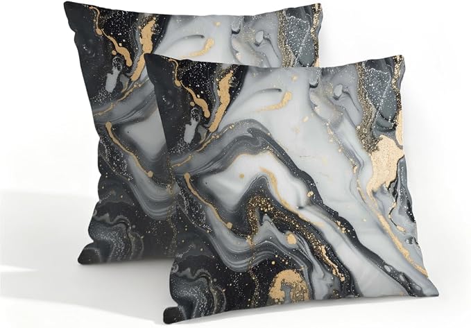 16x16 Inch Outdoor Pillow Covers Set of 2 Waterproof Throw Pillow Covers Decorative Couch Cushion Covers Black Grey Marble Square Pillowcases Protectors for Patio Garden Sofa