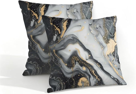 16x16 Inch Outdoor Pillow Covers Set of 2 Waterproof Throw Pillow Covers Decorative Couch Cushion Covers Black Grey Marble Square Pillowcases Protectors for Patio Garden Sofa