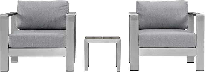 Modway Shore 3-Piece Aluminum Outdoor Patio Furniture Set in Silver Gray