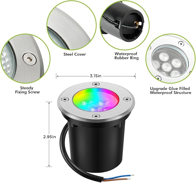 Junview Low Voltage Landscape Lights Christmas 10W RGBW Warm White LED Well Landscape Lighting Waterproof Outdoor 12V-24V Pathway Deck Ground Garden RGB Christmas Well Lights (2)